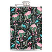 Flamingo Birds 20s Deco Ferns Pattern Black Green