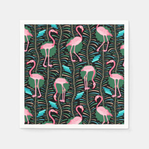 Flamingo Birds 20s Deco Ferns Pattern Black Green Napkin