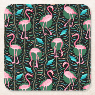 Flamingo Birds 20s Deco Ferns Pattern Black Green Square Paper Coaster