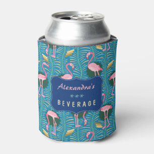 Flamingo Birds 20s Deco Ferns Pattern Blue Custom Can Cooler
