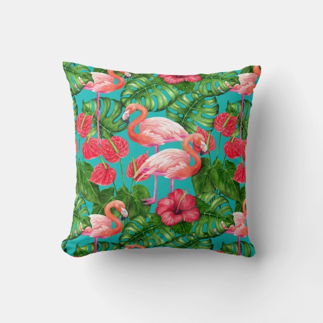 Flamingo birds and tropical garden watercolor cushion (Front)