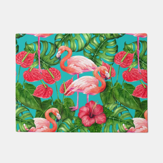 Flamingo birds and tropical garden watercolor doormat (Front)