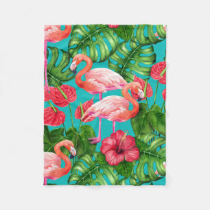 Flamingo birds and tropical garden watercolor fleece blanket