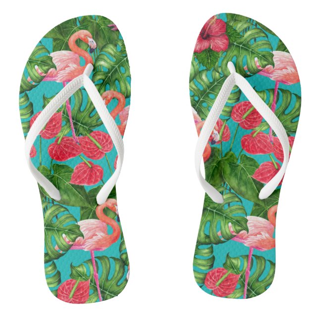 Flamingo birds and tropical garden watercolor jandals (Footbed)