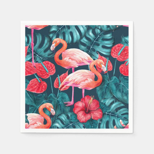 Flamingo birds and tropical garden watercolor napkin (Front)