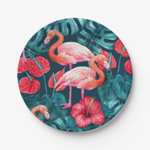 Flamingo birds and tropical garden watercolor paper plate