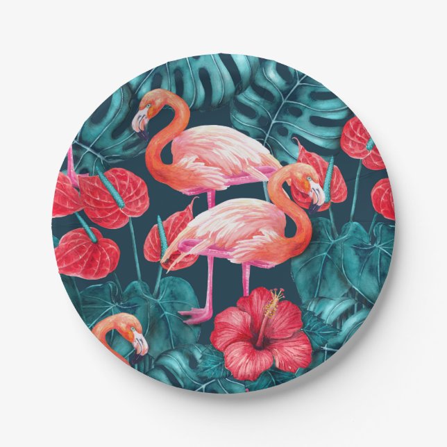Flamingo birds and tropical garden watercolor paper plate (Front)