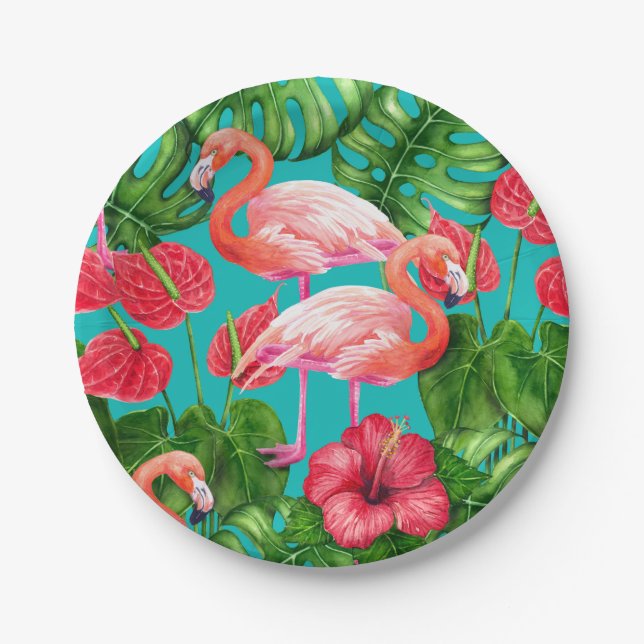 Flamingo birds and tropical garden watercolor paper plate (Front)