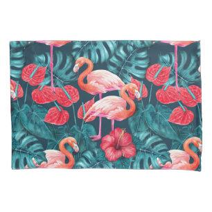 Flamingo birds and tropical garden watercolor pillowcase