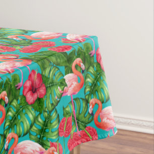 Flamingo birds and tropical garden watercolor tablecloth