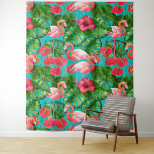 Flamingo birds and tropical garden watercolor tapestry