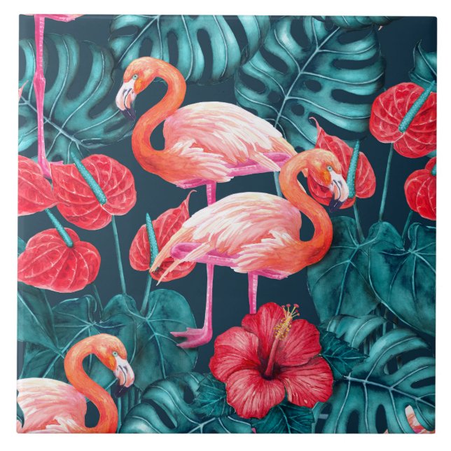 Flamingo birds and tropical garden watercolor tile (Front)