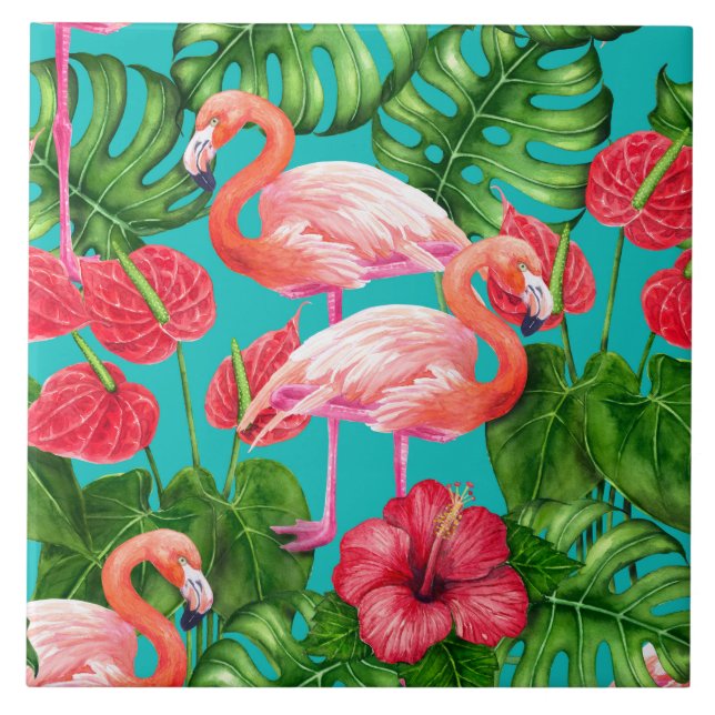 Flamingo birds and tropical garden watercolor tile (Front)