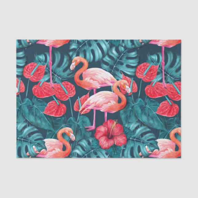 Flamingo birds and tropical garden watercolor tissue paper (Front)