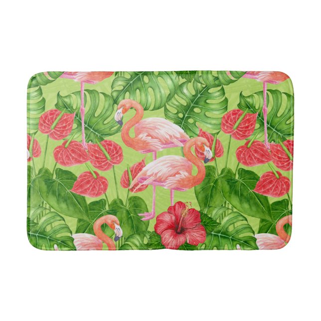 Flamingo birds and tropical plants bath mat (Front)
