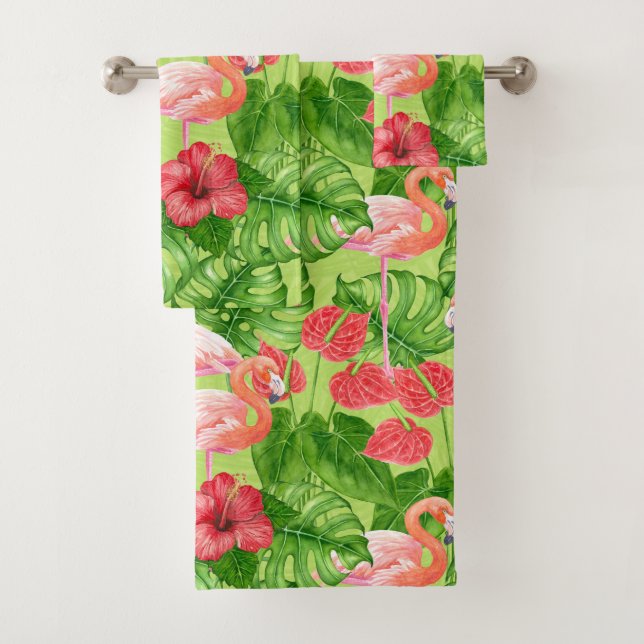 Flamingo birds and tropical plants bath towel set (Insitu)
