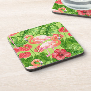 Flamingo birds and tropical plants coaster