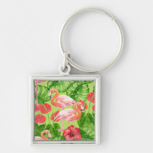Flamingo birds and tropical plants key ring