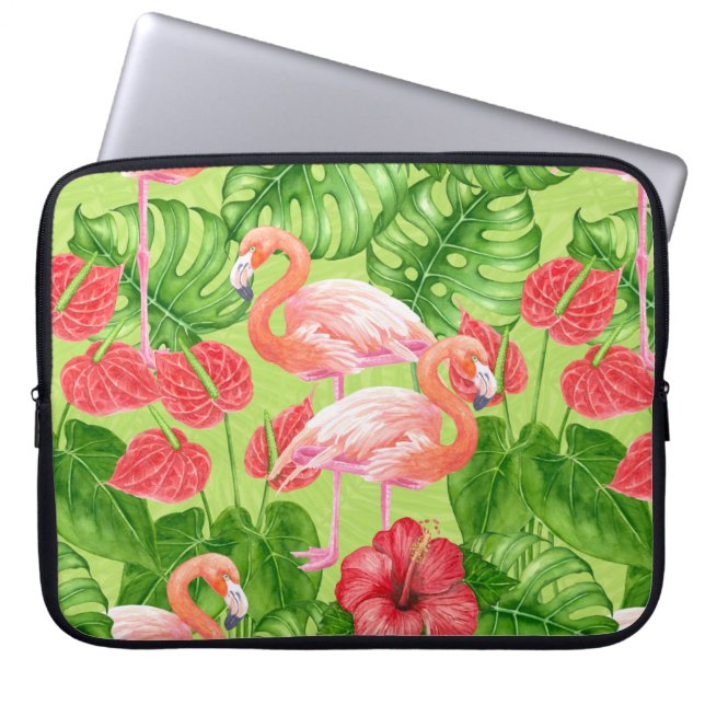 Flamingo birds and tropical plants laptop sleeve (Front)