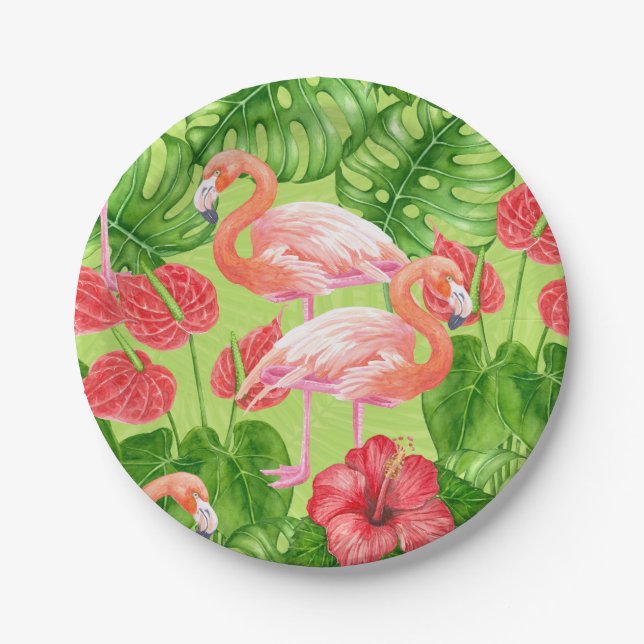 Flamingo birds and tropical plants paper plate (Front)