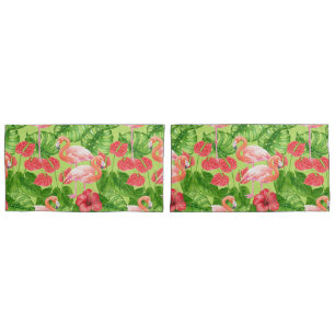 Flamingo birds and tropical plants pillowcase