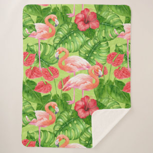 Flamingo birds and tropical plants sherpa blanket