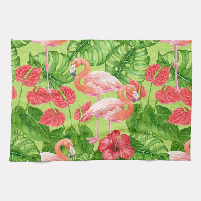Flamingo birds and tropical plants tea towel (Horizontal)