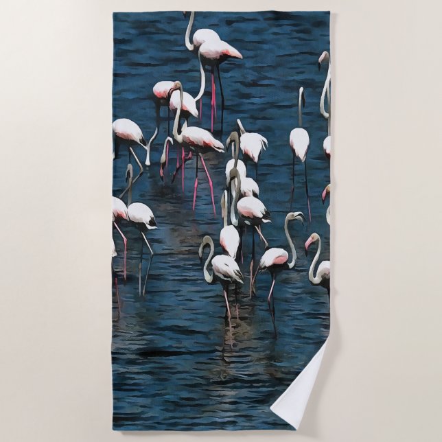 Flamingo Birds In Pink and White On Inkwell Blue Beach Towel (Front)
