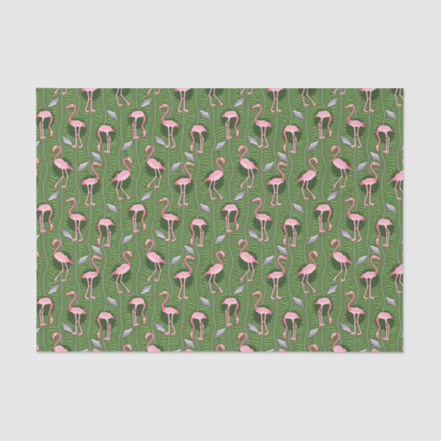 Flamingo Birds Pattern 20s Deco Ferns Pretty Green Tissue Paper (Front)