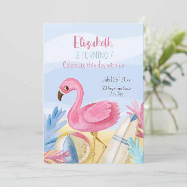 Flamingo Birthday Invitation, Pool Party birthday Invitation (Standing Front)