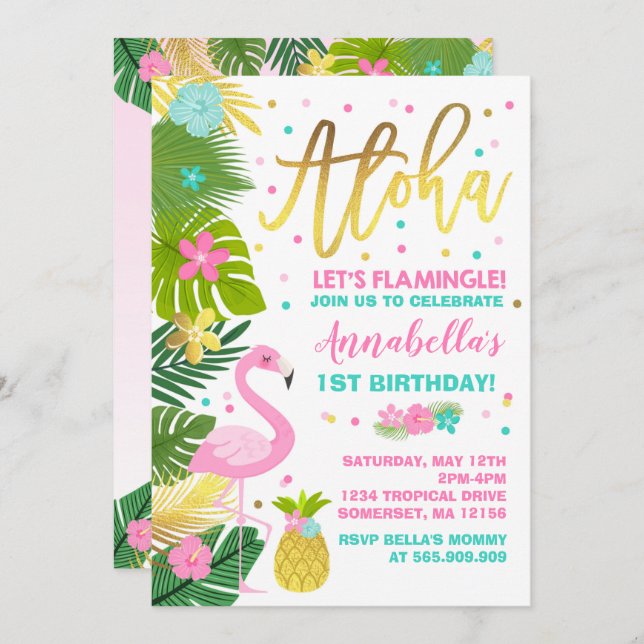 Flamingo Birthday Invitation Topical Luau Party (Front/Back)