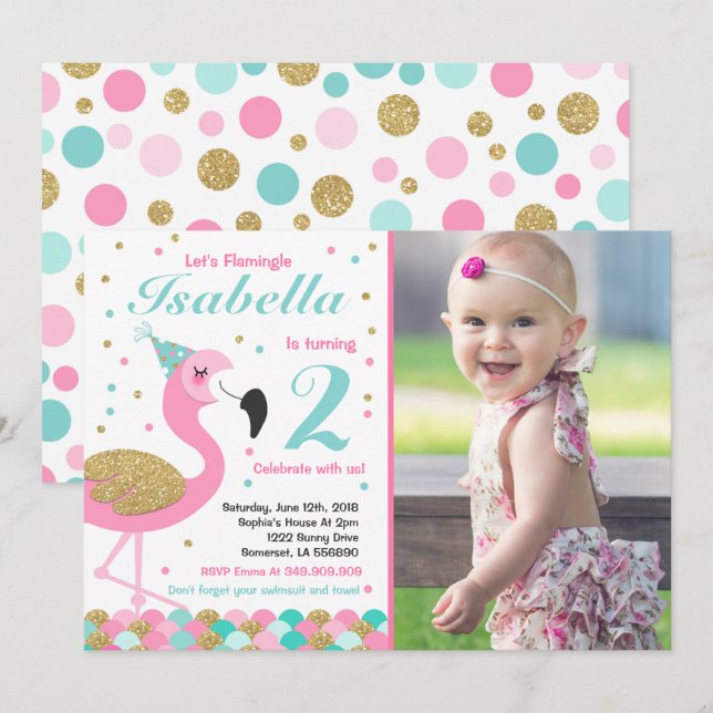 Flamingo Birthday Invitation Topical Pool Party (Front/Back)