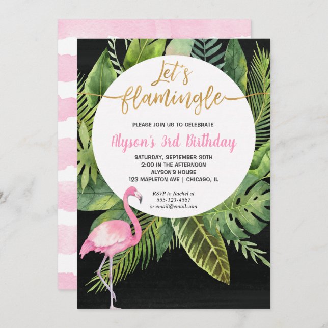 Flamingo birthday invitations, Let's flamingle Invitation (Front/Back)