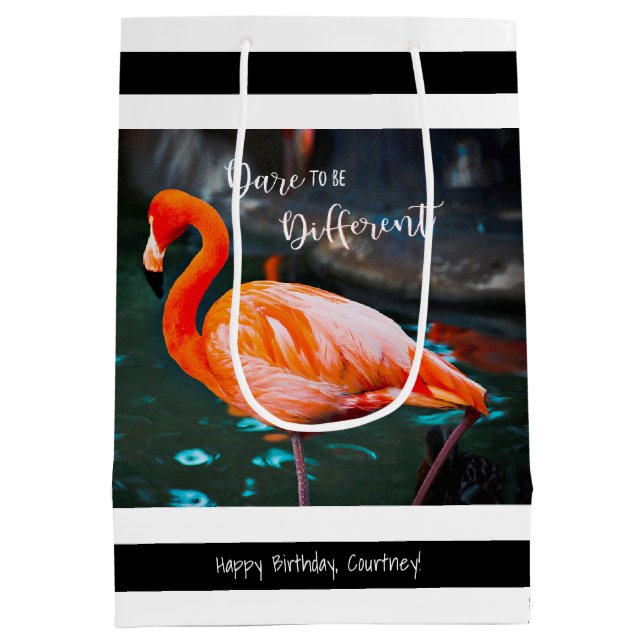 Flamingo Black White Stripes Script Name Modern Medium Gift Bag (Back)