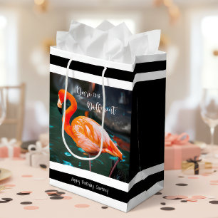 Flamingo Black White Stripes Script Name Modern Medium Gift Bag
