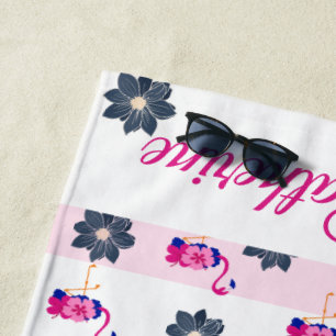 Flamingo & blue flower pattern white pink stripes beach towel