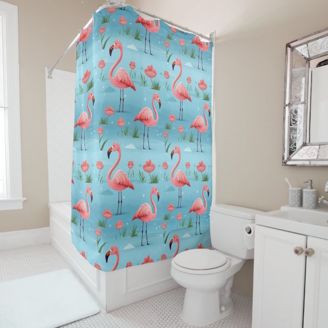 Flamingo Blue Water Pattern Shower Curtain (In Situ)