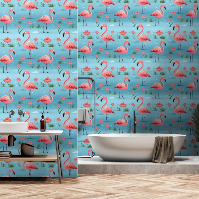 Flamingo Blue Water Pattern Wallpaper (Bathroom)