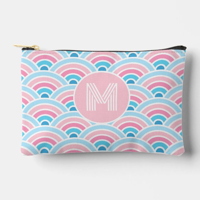 Flamingo Blush Pink Blue Geometric Waves Pattern Accessory Pouch (Front)