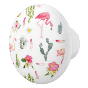 Flamingo Cactus Pineapple Hibiscus Pattern Ceramic Knob