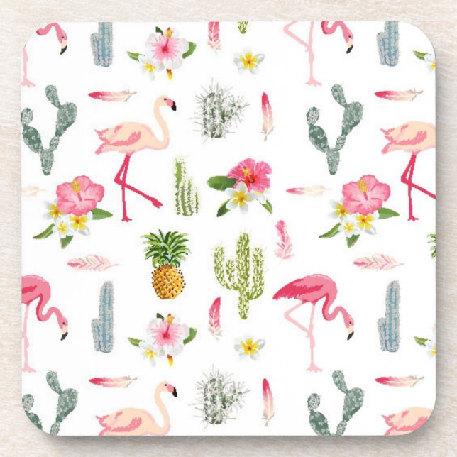 Flamingo Cactus Pineapple Hibiscus Pattern Coaster (Front)