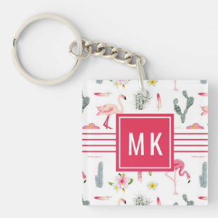 Flamingo Cactus Pineapple Hibiscus Pattern Key Ring