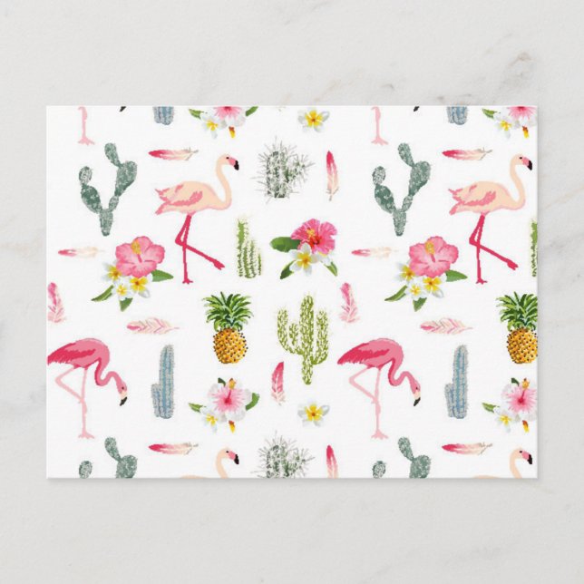 Flamingo Cactus Pineapple Hibiscus Pattern Postcard (Front)