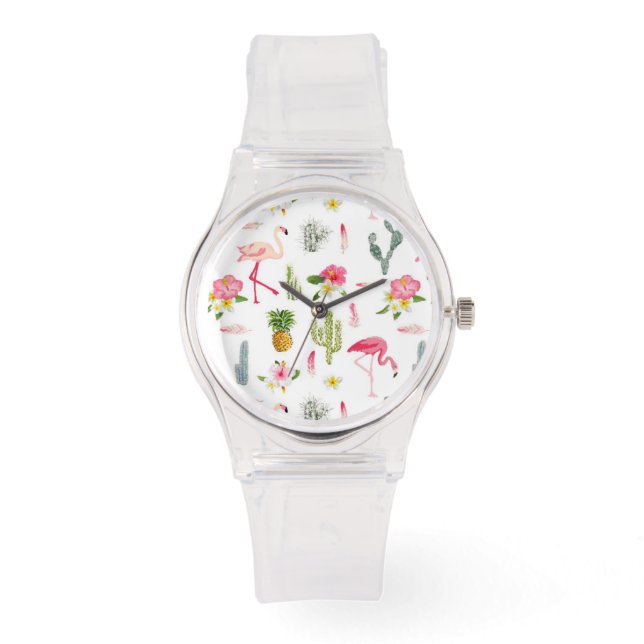 Flamingo Cactus Pineapple Hibiscus Pattern Watch (Front)