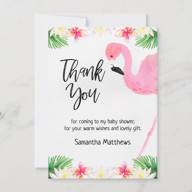 Flamingo Calligraphy Baby Shower Thank You Card (Front)