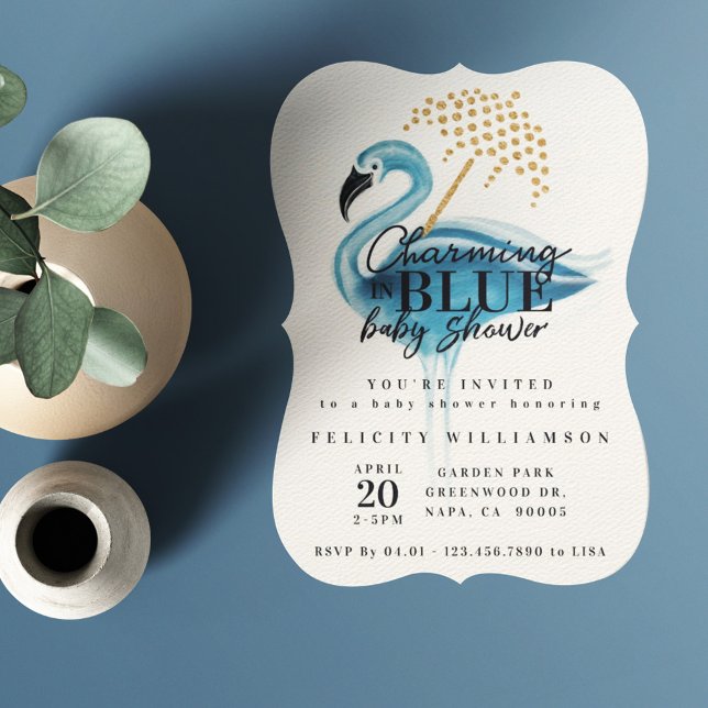 Flamingo Charming in Blue Baby Shower Invitation (Creator Uploaded)
