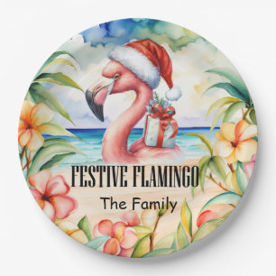 Flamingo Christmas in July at the beach Paper Plat Plate