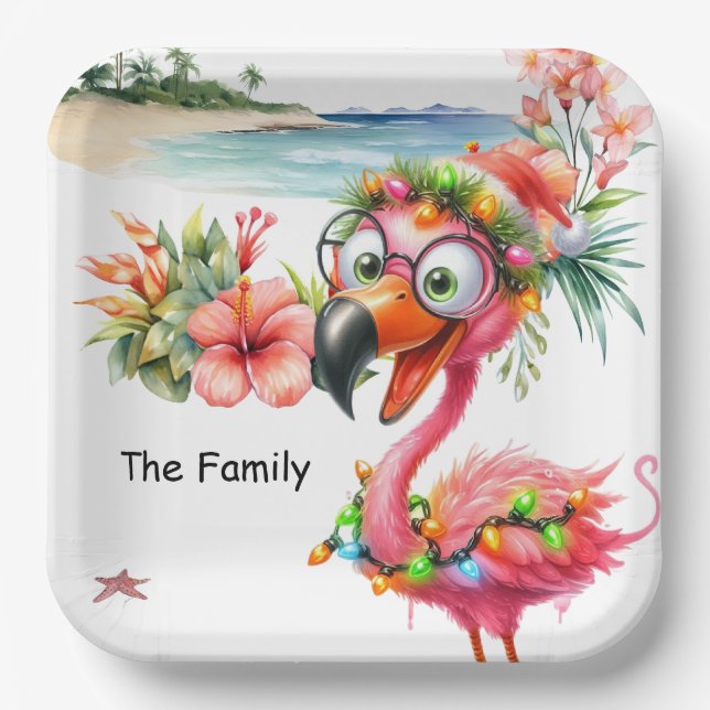Flamingo Christmas in July at the beach Paper Plate (Front)
