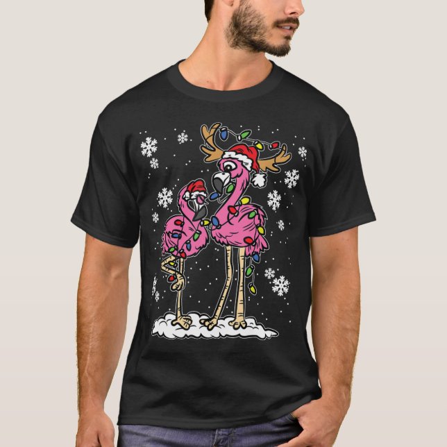 Flamingo Christmas Lights Santa Hat Pajama Cute Re T-Shirt (Front)