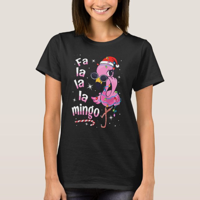 Flamingo Christmas Lights Santa Hat Sunglasses Gir T-Shirt (Front)